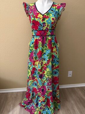 ModCloth Neon Floral V‑Neck Maxi Dress in Pink, Blue, Green, Yellow